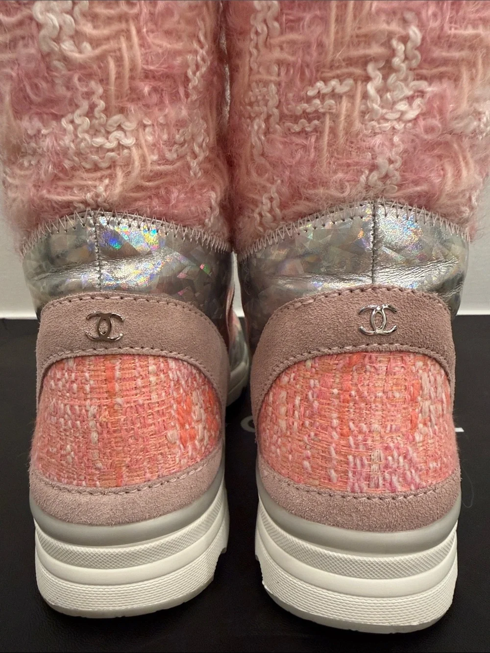 CHANEL Runway 2014 Paris Supermarket Pink Tweed Knee High Boots 37 Rare